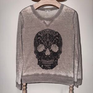 Express burnout cotton long sleeve tee shirt black lace sugar skull size XS -G